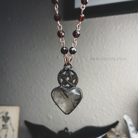 The Gold Rutilated Quartz and Garnet Pentacle Heart Talisman