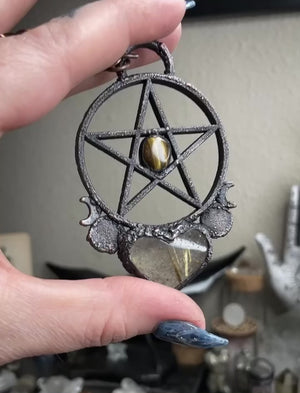 The Pentacle Heart Talisman with Tiger Eye and Gold Rutilated Quartz