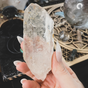 Raw Clear Quartz Record Keeper with Goethite and Iron Inclusions