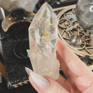 Raw Clear Quartz Record Keeper with Goethite and Iron Inclusions